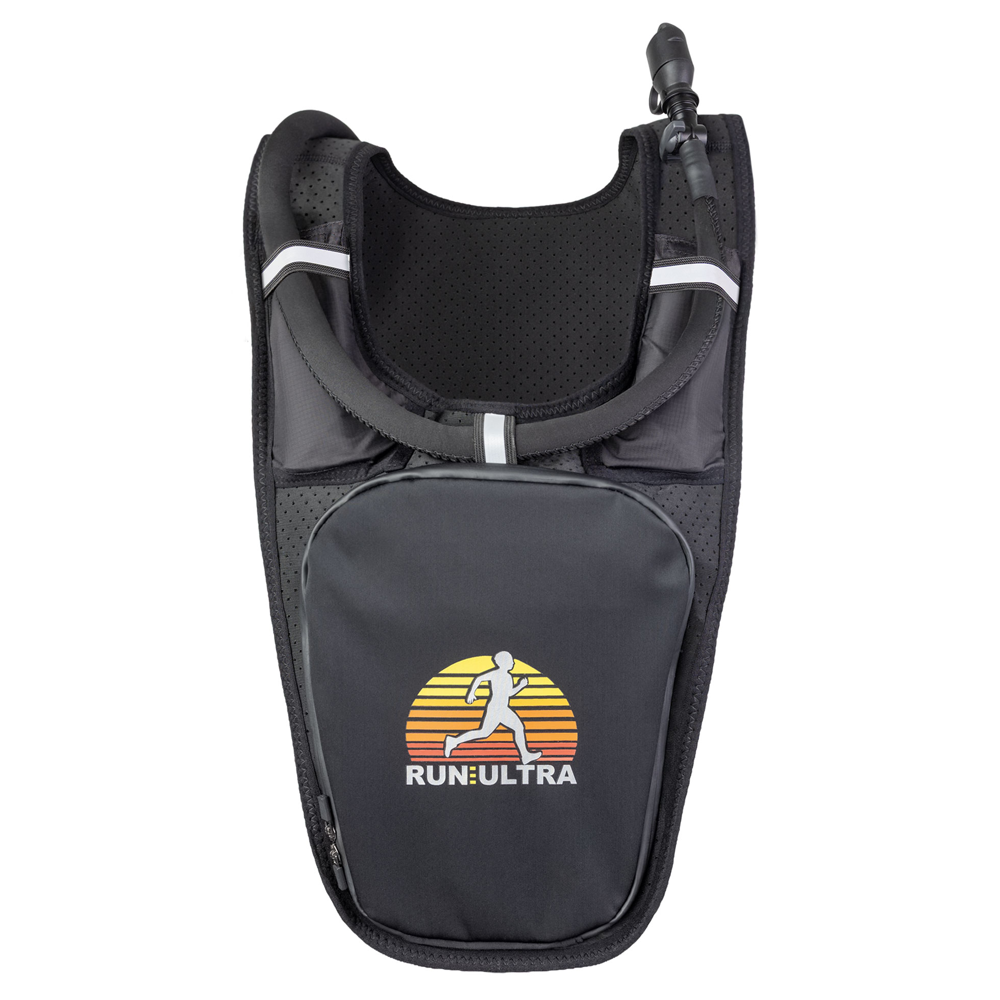 Run Ultra vest front layout showing storage and hydration access